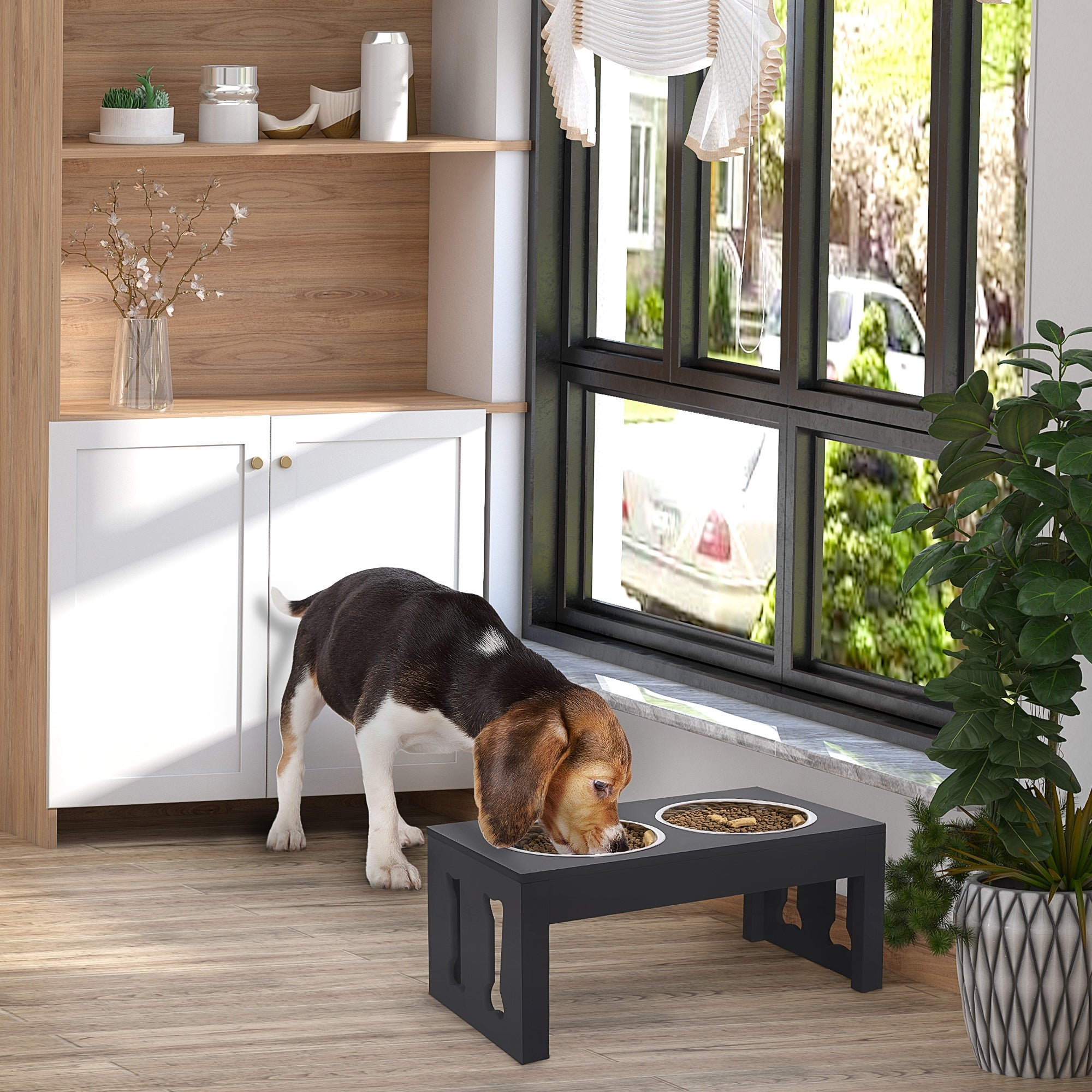 Modern Decorative Raised Dog Bowls, Wooden Heavy Duty Pet Food and Water Bowl, Elevated Feeding Station, Black